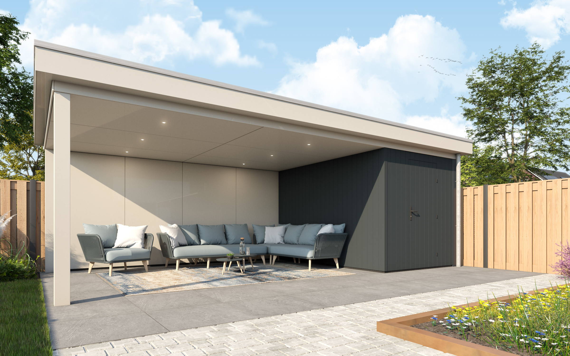 Modern Grijs-Wit Tuinhuis met Overkapping: Stijlvolle Rust in Jouw Tuin ...
