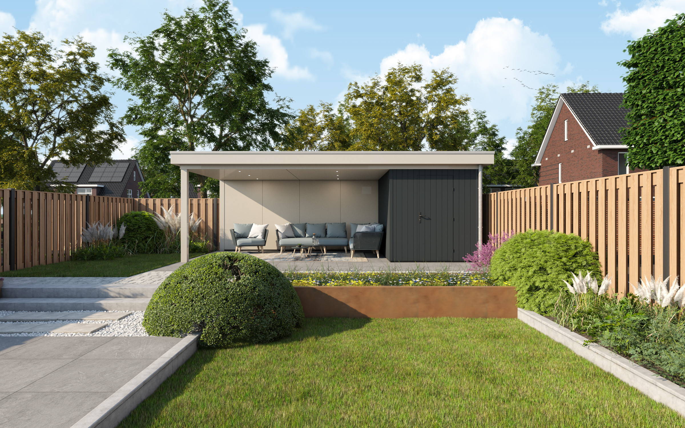 Modern Grijs Wit Tuinhuis Met Overkapping Stijlvolle Rust In Jouw Tuin Modern Grijs Wit Tuinhuis Met Overkapping Stijlvolle Rust In Jouw Tuin